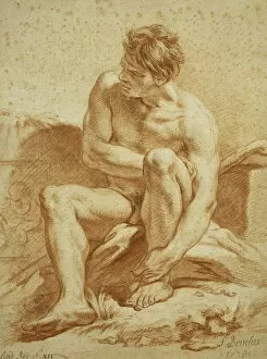 A Seated Nude with a Staff, a Relief with Putti to the Left, 1738 (red chalk and wash