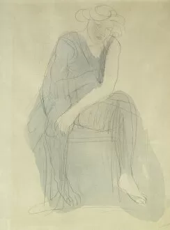 Seated Woman; Femme Assise, (blue wash and pencil on paper)