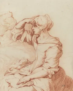 Seated woman with her hand held over her eyes (brush and chalk drawing) Seated woman with her hand held over her eyes (brush and chalk drawing)