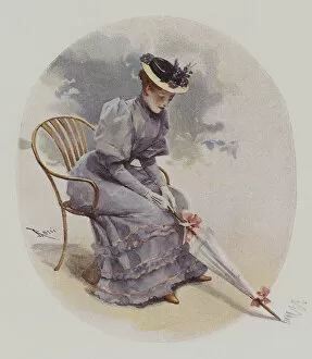 Seated woman with an umbrella (colour litho)