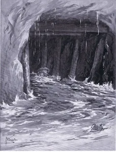 Second Corporal Collier struggling out of a mine gallery nearly full of water after Second Corporal Collier struggling out of a mine gallery nearly full of water after