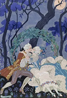 Secret Kiss, illustration for Fetes Galantes by Paul Verlaine (1844-96) 1928 (pochoir print) Secret Kiss, illustration for Fetes Galantes by Paul Verlaine (1844-96) 1928 (pochoir print)