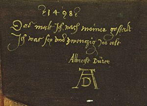 Self Portrait with Gloves, detail of signature, 1498 (oil on panel) (detail of 545) Self Portrait with Gloves, detail of signature, 1498 (oil on panel) (detail of 545)