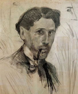 Pablo Gargallo Gallery: 'Self-Portrait with a Pipe'Charcoal drawing by Pablo Gargallo (1881-1934)