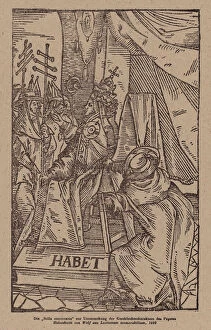 Sella stercoraria, chair used to confirm the masculinity of the Pope (woodcut)