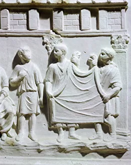 A seller of cloth, detail of relief from Tuscany, Roman Civilization A seller of cloth, detail of relief from Tuscany, Roman Civilization