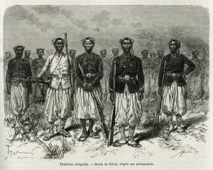Senegalese riders of the expedition escort. Engraving by Tofani Senegalese riders of the expedition escort. Engraving by Tofani