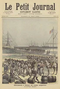 Senegalese troops disembarking at the new wharf of Cotonou, Dahomey (colour litho) Senegalese troops disembarking at the new wharf of Cotonou, Dahomey (colour litho)