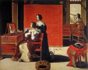 The Five Senses: The View A young woman in front of her mirror while a man uses an The Five Senses: The View A young woman in front of her mirror while a man uses an