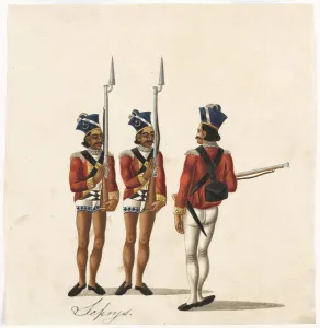 Sepoys and an Indian officer, Bengal Army, c.1815 (w/c on paper) Sepoys and an Indian officer, Bengal Army, c.1815 (w/c on paper)