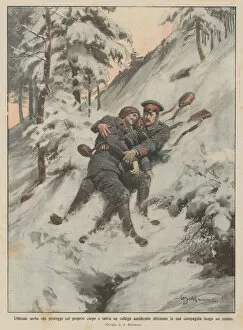 Serbian officer who protects with his body and rescues a frosted colleague by slipping in his... (colour litho)