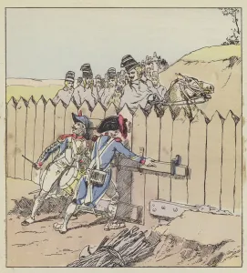 Un sergent de la garnison de Saint-Georges reconnait les hussards autrichiens a leurs manteaux neufs (colour litho) Un sergent de la garnison de Saint-Georges reconnait les hussards autrichiens a leurs manteaux neufs (colour litho)