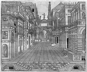 Set design for a tragic scene (engraving) (b/w photo) Set design for a tragic scene (engraving) (b/w photo)