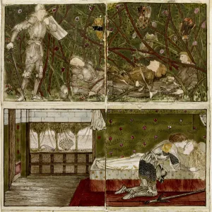 A set of sixteen tiles arranged in pairs to form eight illustrations of the ' A set of sixteen tiles arranged in pairs to form eight illustrations of the '
