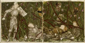 A set of sixteen tiles arranged in pairs to form eight illustrations of the ' A set of sixteen tiles arranged in pairs to form eight illustrations of the '