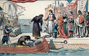 Seventh Crusade: King of France Louis IX leaving Saint John of Acre to Israel, 1889 (engraving) Seventh Crusade: King of France Louis IX leaving Saint John of Acre to Israel, 1889 (engraving)