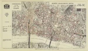 Sewer depths in the City of London, 1944 (colour litho) Sewer depths in the City of London, 1944 (colour litho)