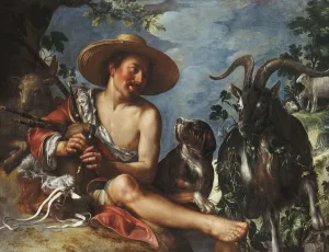 A Shepherd Piping on a Knoll, a Dog and his Flock Nearby, (oil on canvas) A Shepherd Piping on a Knoll, a Dog and his Flock Nearby, (oil on canvas)