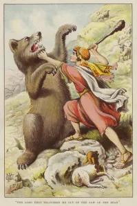 Shepherd protecting his sheep from a bear (chromolitho) Shepherd protecting his sheep from a bear (chromolitho)