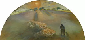 Shepherd and Sheep; Berger et Moutons, 1890 (pencil and gouache on silk laid down on card