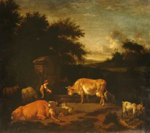 Shepherdess and a Drover with their Flocks by a Classical Fountain in a Wooded Landscape Shepherdess and a Drover with their Flocks by a Classical Fountain in a Wooded Landscape