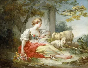 A Shepherdess Seated with Sheep and a Basket of Flowers Near a Ruin in a Wooded Landscape A Shepherdess Seated with Sheep and a Basket of Flowers Near a Ruin in a Wooded Landscape