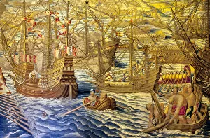 The ships and the barkage - Detail of the conquete of Tunis (Tunisia) - Tapestry by Francisco