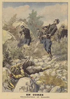 Corsican Gallery: Shooting between a policeman and a bandit in Corsica (colour litho)