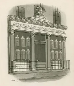 Shop front of Godfrey and Cooke, Chemists, Conduit Street, London (engraving) Shop front of Godfrey and Cooke, Chemists, Conduit Street, London (engraving)