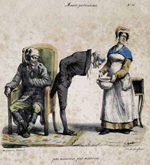Sick, doctor looking in the pot and servant. Cartoon of Parisian morals by Pigal Sick, doctor looking in the pot and servant. Cartoon of Parisian morals by Pigal