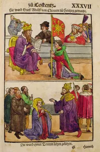 Sigismund raises Count Adolph of Cleves to the rank of Duke at the Council of Constance Sigismund raises Count Adolph of Cleves to the rank of Duke at the Council of Constance