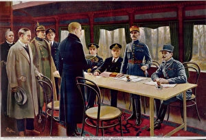 The Signing of the Armistice on 11th November 1918 at 5 a.m. 1918 (colour litho)