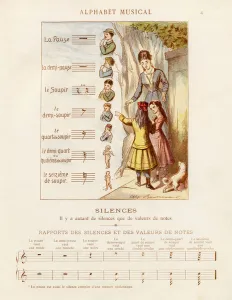 Silences, rapports des silences et des valeurs de notes - Gravure extraite de l Alphabet musical de Mlle Lili Silences, rapports des silences et des valeurs de notes - Gravure extraite de l Alphabet musical de Mlle Lili
