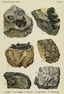 Silicates (pyroxene group), augite, diopside, bronzite, hypersthene, wollastonite (colour litho)