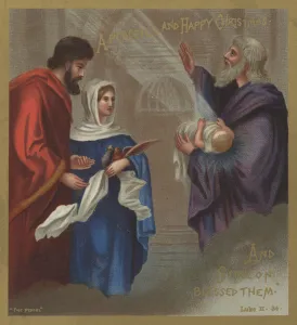 Simeon blessing the Holy Family in the Temple (chromolitho) Simeon blessing the Holy Family in the Temple (chromolitho)
