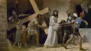 Roman Catholicism Gallery: Simon of Cyrene helping Jesus to carry his Cross (colour litho)