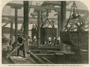 Sinking a cylinder for one of the stone piers (engraving) Sinking a cylinder for one of the stone piers (engraving)