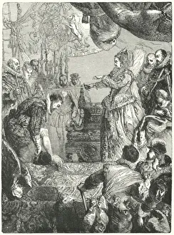 Sir Francis Drake receiving his knighthood from Queen Elizabeth I, 1581 (engraving) Sir Francis Drake receiving his knighthood from Queen Elizabeth I, 1581 (engraving)