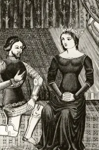 Sir Lancelot kneels in front of Queen Guinevere, engraved after a 12th century miniature Sir Lancelot kneels in front of Queen Guinevere, engraved after a 12th century miniature