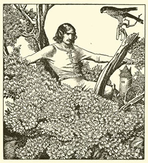 Sir Launcelot climbs to catch the lady's falcon (litho)