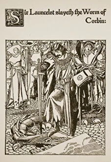 Sir Launcelot slayeth the Worm of Corbin, illustration from '