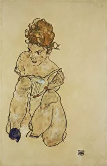 Sitting Girl in Underwear, 1917 (Gouache, watercolour and black crayon on paper.)