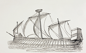 Sixteenth Century Three-Masted Galley with Square Sails, c.1880 (litho) Sixteenth Century Three-Masted Galley with Square Sails, c.1880 (litho)