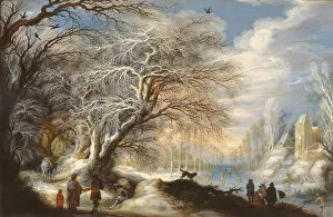 Skaters on a Canal or, Winter Landscape (oil on panel)