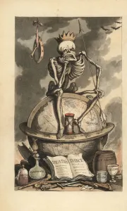 Skeleton with crown, spear and hourglass seated on a globe above various lethal weapons, pistols, knives Skeleton with crown, spear and hourglass seated on a globe above various lethal weapons, pistols, knives