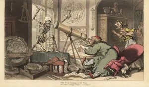 The skeleton of Death appears before the telescope of the old astronomer, causing him to fall out of his chair The skeleton of Death appears before the telescope of the old astronomer, causing him to fall out of his chair