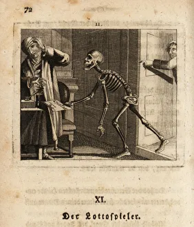 The skeleton of Death brings a lottery number to a gambler, 18th, 1803 (engraving) The skeleton of Death brings a lottery number to a gambler, 18th, 1803 (engraving)