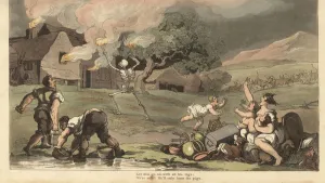 The skeleton of Death burns down a house with torches as a family tries to save its treasures The skeleton of Death burns down a house with torches as a family tries to save its treasures