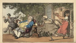 The skeleton of Death comes for Tom Higgins, a bricklayer's lad who has expired waiting for a dish outside an inn The skeleton of Death comes for Tom Higgins, a bricklayer's lad who has expired waiting for a dish outside an inn