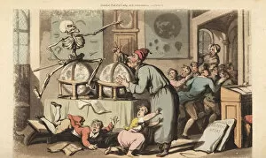 The skeleton of Death with his dart comes for a schoolmaster as he teaches astronomy to a class of children who flee in